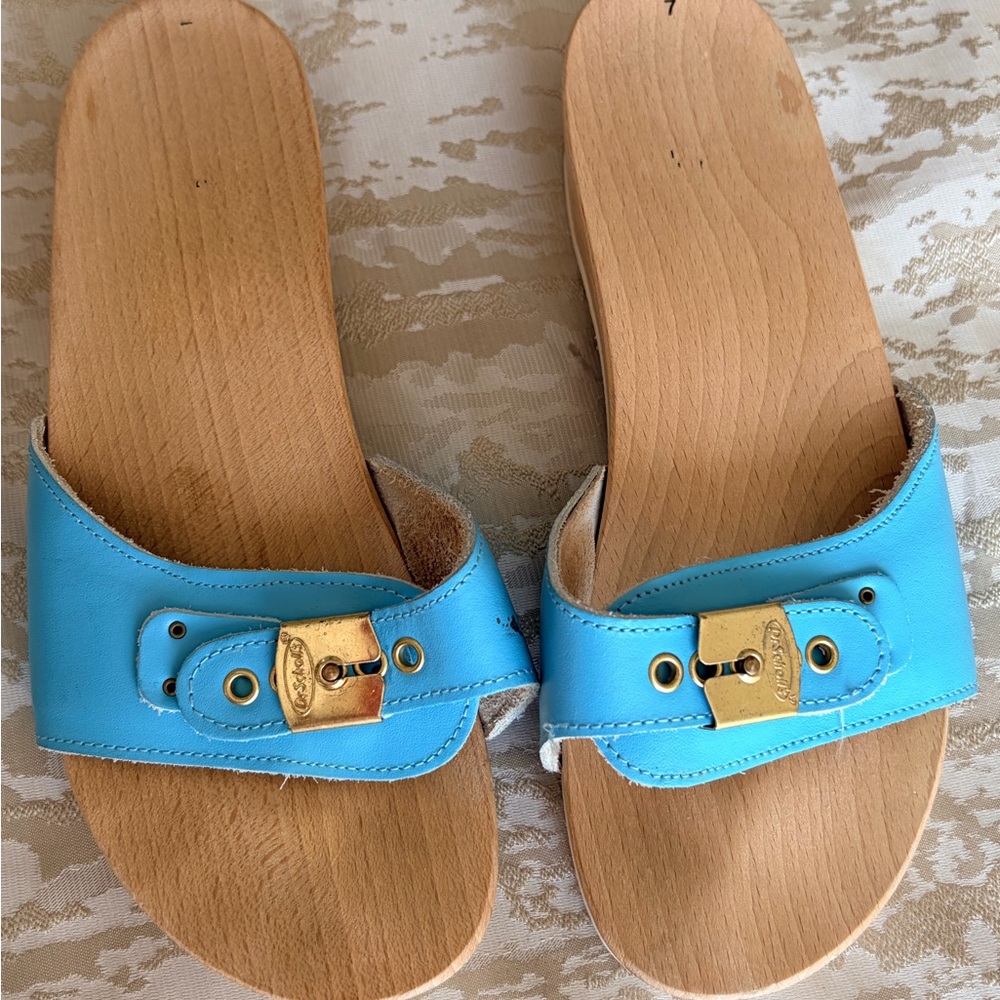 Vintage Dr. Scholl's Aqua Leather Slide Sandals with Gold Accent Buckles